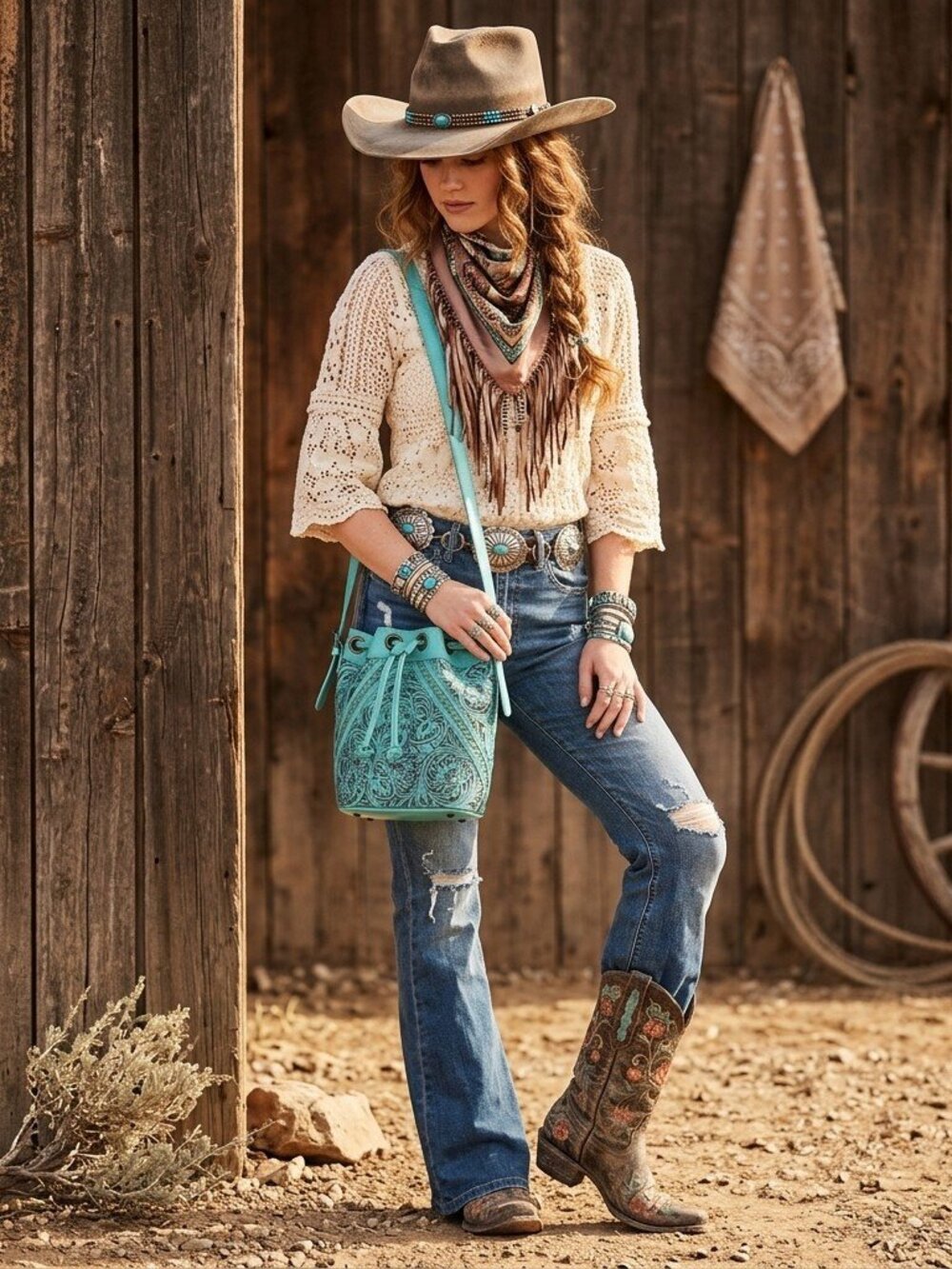 Turquoise Tooled Drawstring Crossbody Bucket Bag